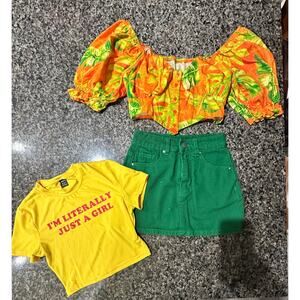 Shein Bundle - Courdoroy Skirt Tropical Off the Shoulder Top and Yellow Crop Tee
